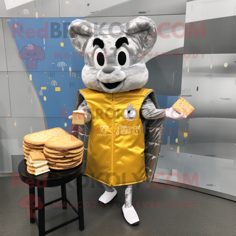 Silver Grilled Cheese Sandwich mascot costume character dressed with a Parka and Coin purses