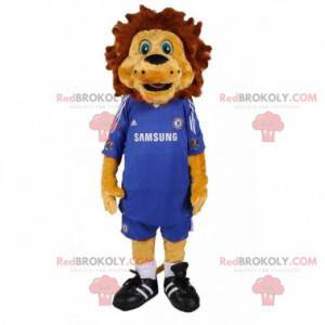 Braunes Löwenmaskottchen mit einem blauen Fußballoutfit -