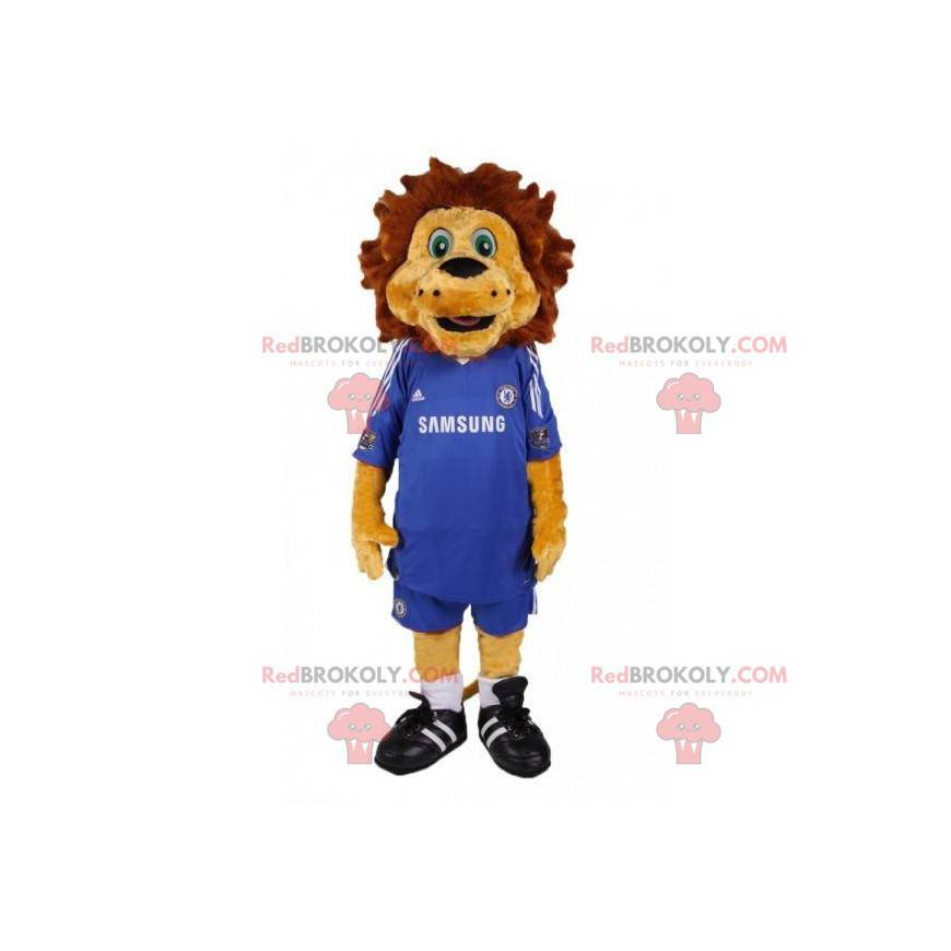 Mascotte leone marrone con un vestito da calcio blu -