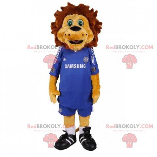 Mascotte de lion marron avec une tenue de foot bleue -