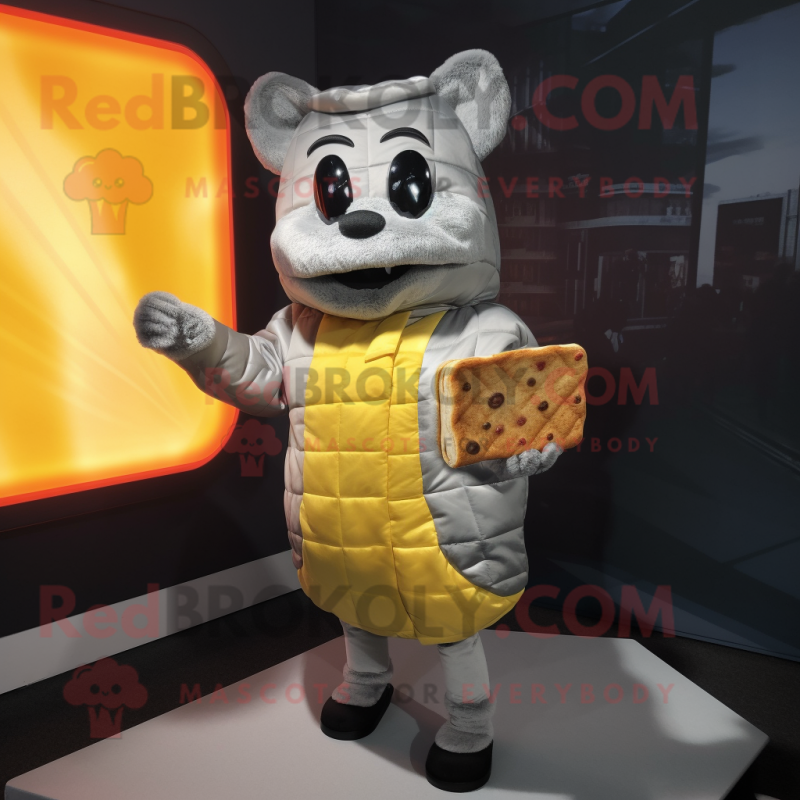 Silver Grilled Cheese Sandwich mascot costume character dressed with a Parka and Coin purses
