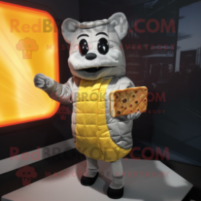 Silver Grilled Cheese Sandwich mascot costume character dressed with a Parka and Coin purses