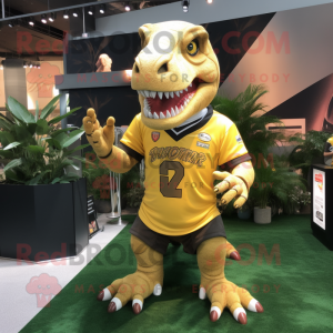 Gold Tyrannosaurus mascot costume character dressed with a Rugby Shirt and Hair clips