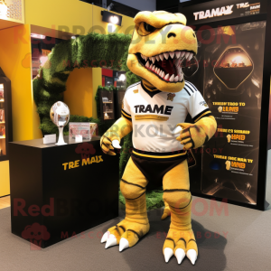 Gold Tyrannosaurus mascot costume character dressed with a Rugby Shirt and Hair clips