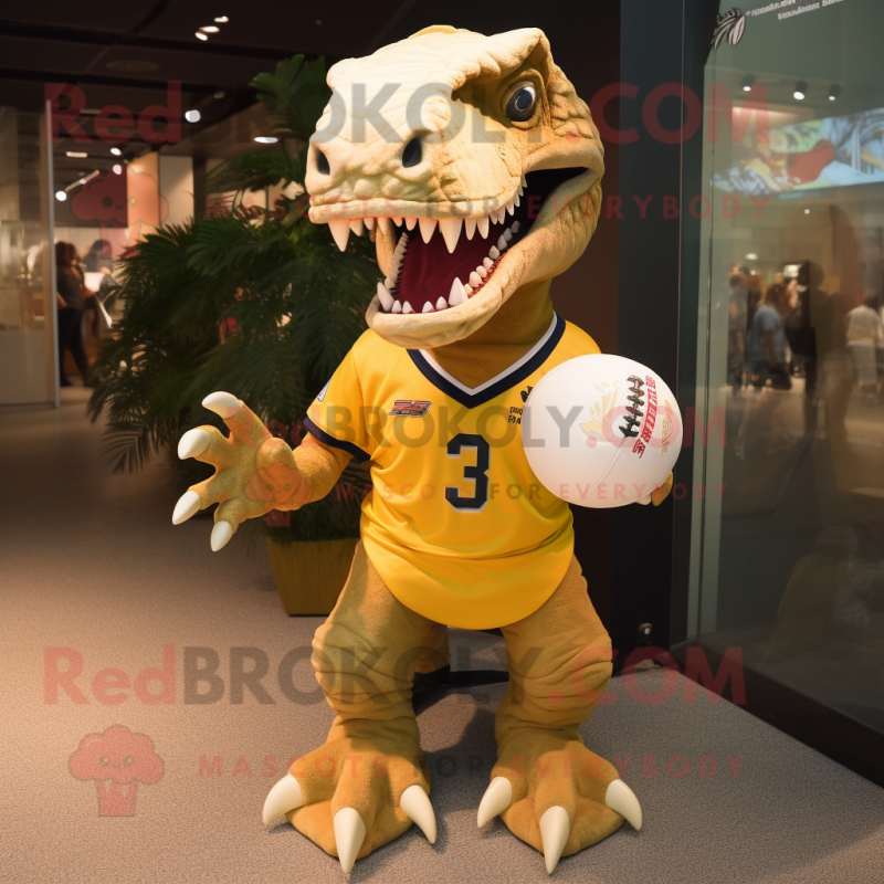 Gold Tyrannosaurus mascot costume character dressed with a Rugby Shirt and Hair clips