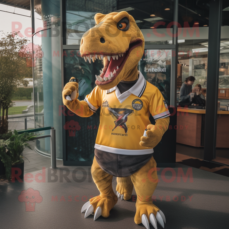 Gold Tyrannosaurus mascot costume character dressed with a Rugby Shirt and Hair clips