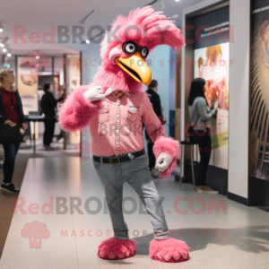 Pink Rooster mascot costume character dressed with a Skinny Jeans and Cufflinks
