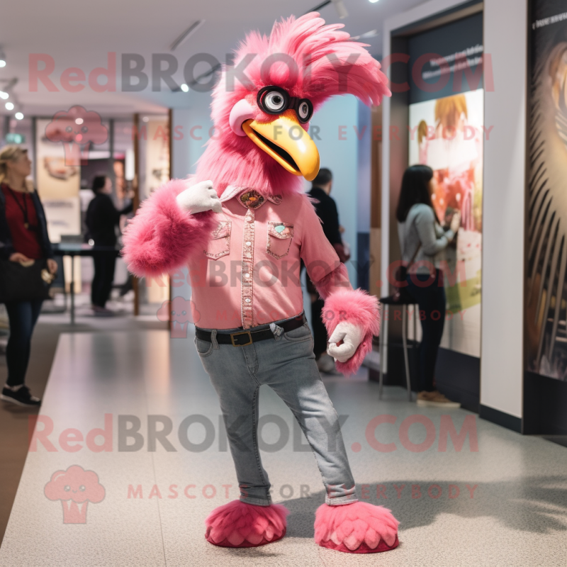 Pink Rooster mascot costume character dressed with a Skinny Jeans and Cufflinks Pink Rooster mascot costume character dressed with a Skinny Jeans and Cufflinks