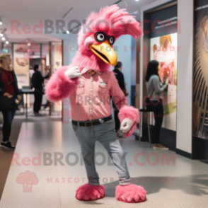 Pink Rooster mascot costume character dressed with a Skinny Jeans and Cufflinks