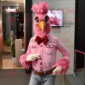 Pink Rooster mascot costume character dressed with a Skinny Jeans and Cufflinks