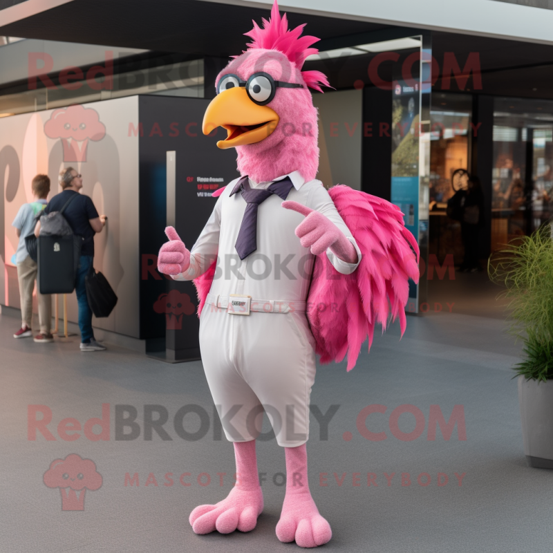 Pink Rooster mascot costume character dressed with a Skinny Jeans and Cufflinks Pink Rooster mascot costume character dressed with a Skinny Jeans and Cufflinks