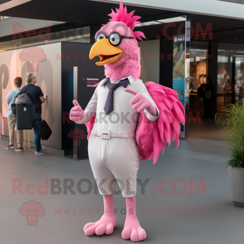 Pink Rooster mascot costume character dressed with a Skinny Jeans and Cufflinks