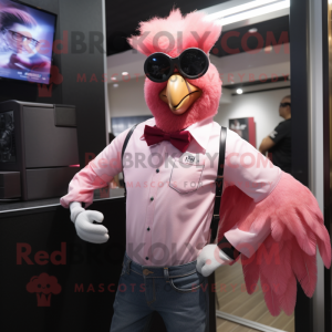 Pink Rooster mascot costume character dressed with a Skinny Jeans and Cufflinks