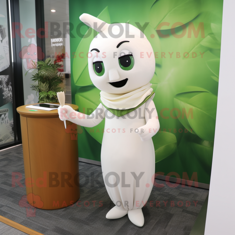 White Spinach mascot costume character dressed with a Pencil Skirt and Brooches