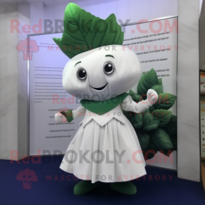 White Spinach mascot costume character dressed with a Pencil Skirt and Brooches