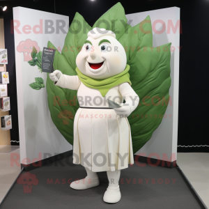White Spinach mascot costume character dressed with a Pencil Skirt and Brooches