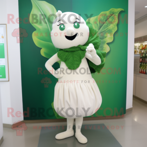 White Spinach mascot costume character dressed with a Pencil Skirt and Brooches