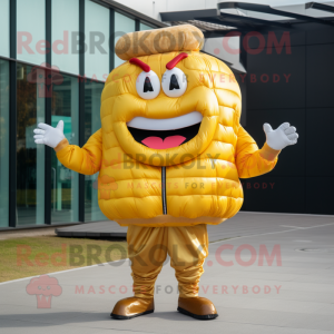 Gold Hamburger mascot costume character dressed with a Jacket and Gloves