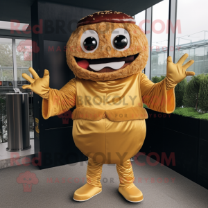 Gold Hamburger mascot costume character dressed with a Jacket and Gloves
