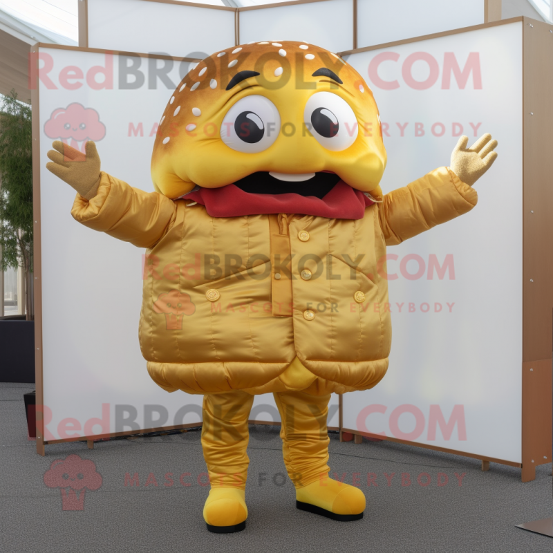 Gold Hamburger mascot costume character dressed with a Jacket and Gloves Gold Hamburger mascot costume character dressed with a Jacket and Gloves