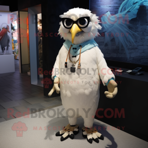 Cream Crow mascot costume character dressed with a Playsuit and Eyeglasses