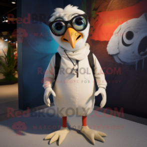 Cream Crow mascot costume character dressed with a Playsuit and Eyeglasses