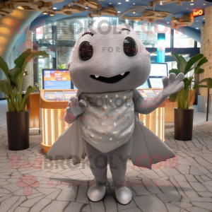 Gray Stingray mascot costume character dressed with a Sweater and Coin purses