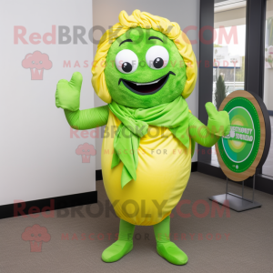 Lime Green Bagels mascot costume character dressed with a Poplin Shirt and Scarves