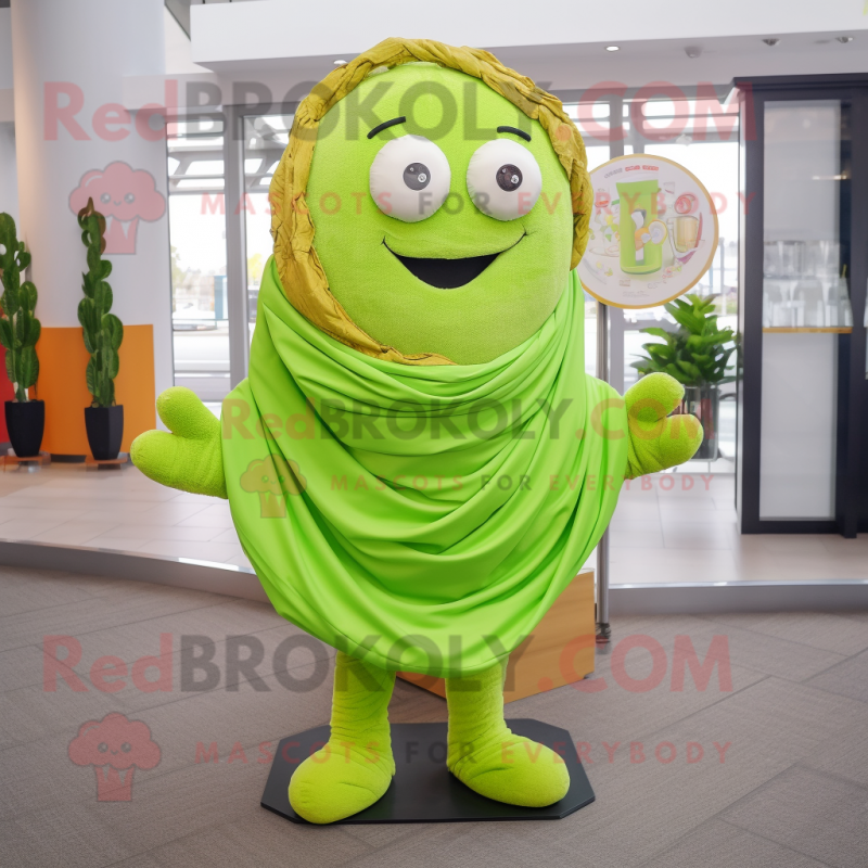 Lime Green Bagels mascot costume character dressed with a Poplin Shirt and Scarves Lime Green Bagels mascot costume character dressed with a Poplin Shirt and Scarves