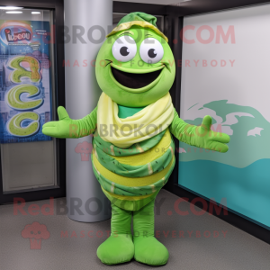 Lime Green Bagels mascot costume character dressed with a Poplin Shirt and Scarves