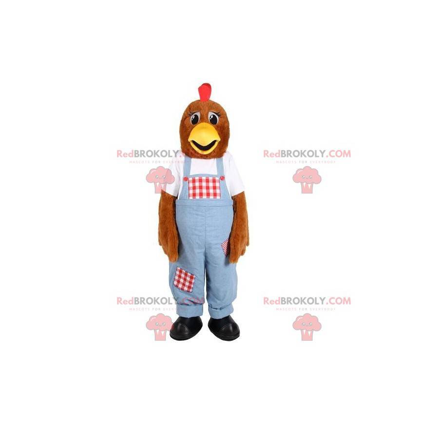 Mascote de galinha marrom com macacão - Redbrokoly.com