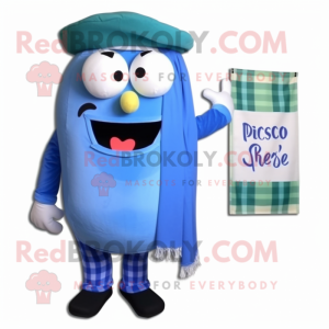 Blue Pesto Pasta mascot costume character dressed with a Flannel Shirt and Messenger bags