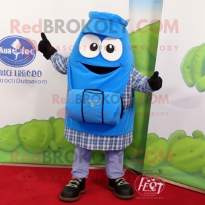 Blue Pesto Pasta mascot costume character dressed with a Flannel Shirt and Messenger bags