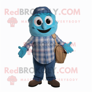 Blue Pesto Pasta mascot costume character dressed with a Flannel Shirt and Messenger bags