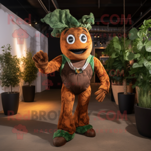 Rust Spinach mascot costume character dressed with a Jumpsuit and Suspenders