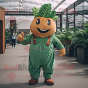 Rust Spinach mascot costume character dressed with a Jumpsuit and Suspenders