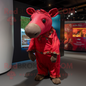 Red Tapir mascot costume character dressed with a Culottes and Wraps