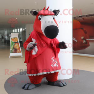 Red Tapir mascot costume character dressed with a Culottes and Wraps