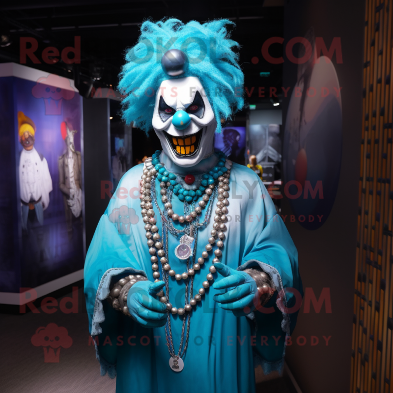 Cyan Evil Clown mascot costume character dressed with a Cover-up and Necklaces Cyan Evil Clown mascot costume character dressed with a Cover-up and Necklaces