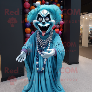 Cyan Evil Clown mascot costume character dressed with a Cover-up and Necklaces