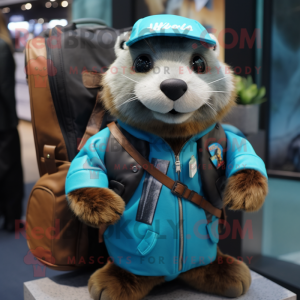 Cyan Marmot mascot costume character dressed with a Leather Jacket and Backpacks