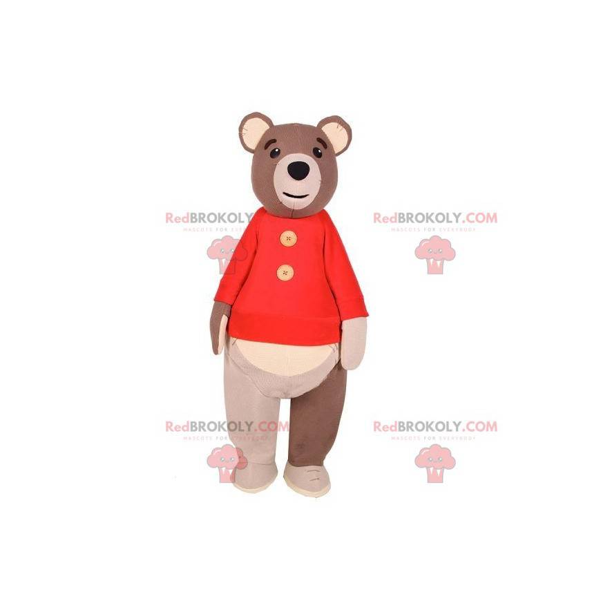 Mascote grande urso pardo com um suéter vermelho -