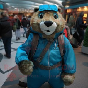 Cyan Marmot mascot costume character dressed with a Leather Jacket and Backpacks