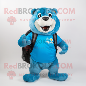 Cyan Marmot mascot costume character dressed with a Leather Jacket and Backpacks