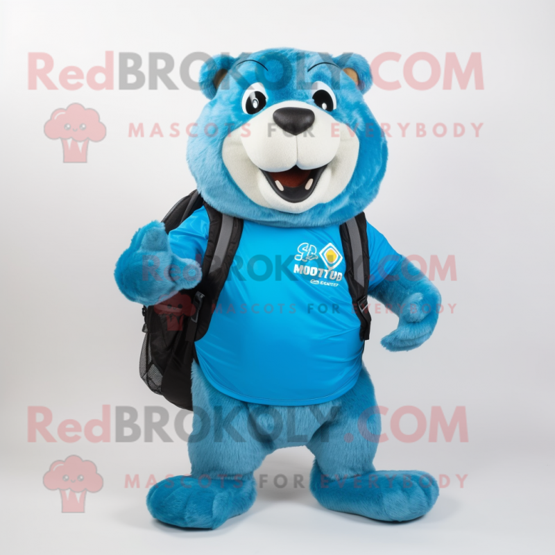Cyan Marmot mascot costume character dressed with a Leather Jacket and Backpacks Cyan Marmot mascot costume character dressed with a Leather Jacket and Backpacks