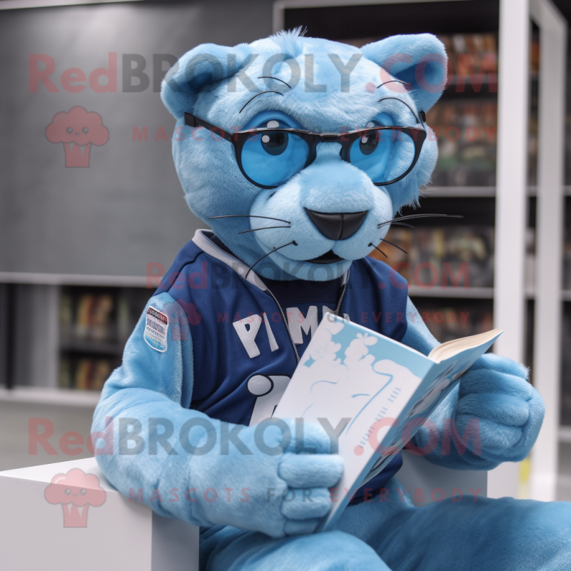 Sky Blue Panther mascot costume character dressed with a Jeans and Reading glasses