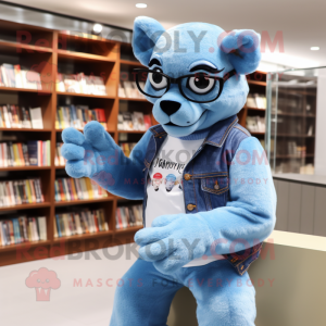 Sky Blue Panther mascot costume character dressed with a Jeans and Reading glasses