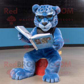 Sky Blue Panther mascot costume character dressed with a Jeans and Reading glasses