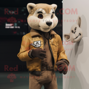 Beige Marten mascot costume character dressed with a Biker Jacket and Smartwatches