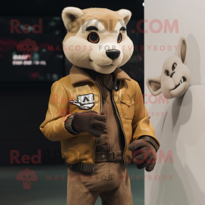 Beige Marten mascot costume character dressed with a Biker Jacket and Smartwatches Beige Marten mascot costume character dressed with a Biker Jacket and Smartwatches